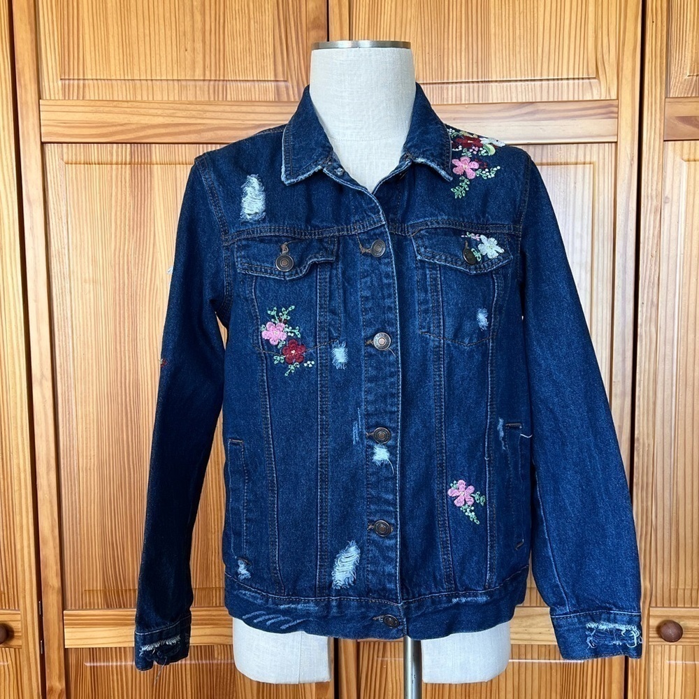 Wax Jeans Small Dark Denim Jacket Embroidered Flowers Distressed 100% Cotton - Picture 3 of 11